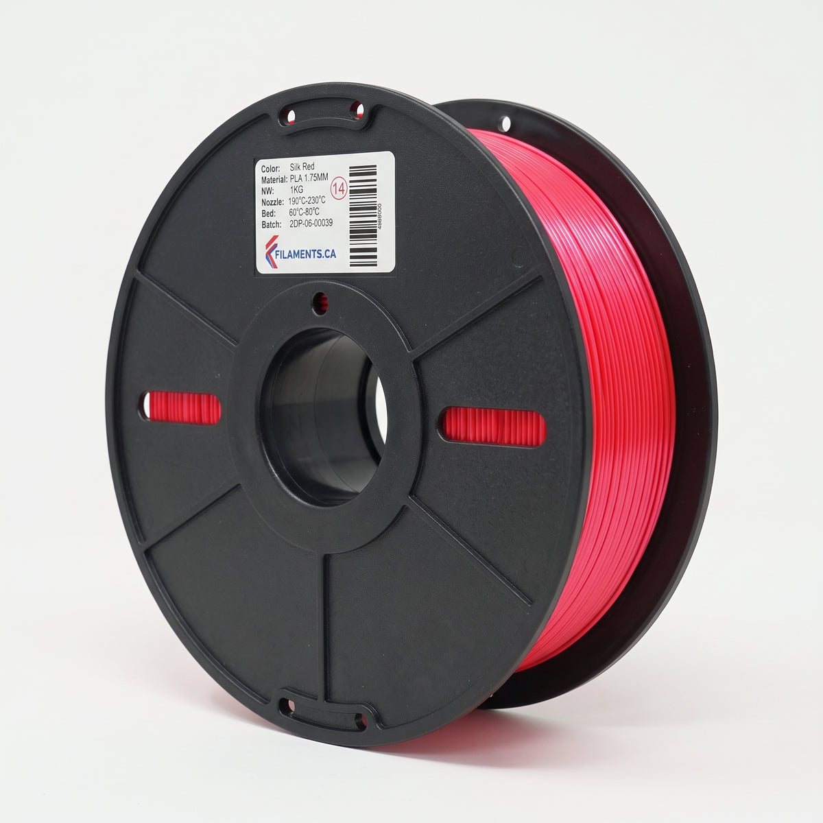Standard PLA Silk Red 1.75mm filament on a plastic spool