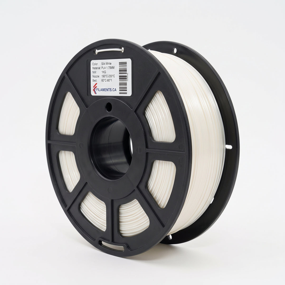 Standard PLA Silk White 1.75mm filament on a plastic spool
